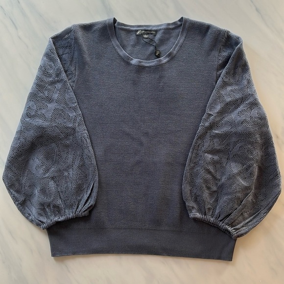 NWT Adrianna Papell Crew Neck Sweater with 3/4 Mesh Sleeves Dusty Blue Sz Large - Picture 4 of 9